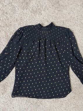 White House Black Market Black Blouse with Gold Dot Detail S